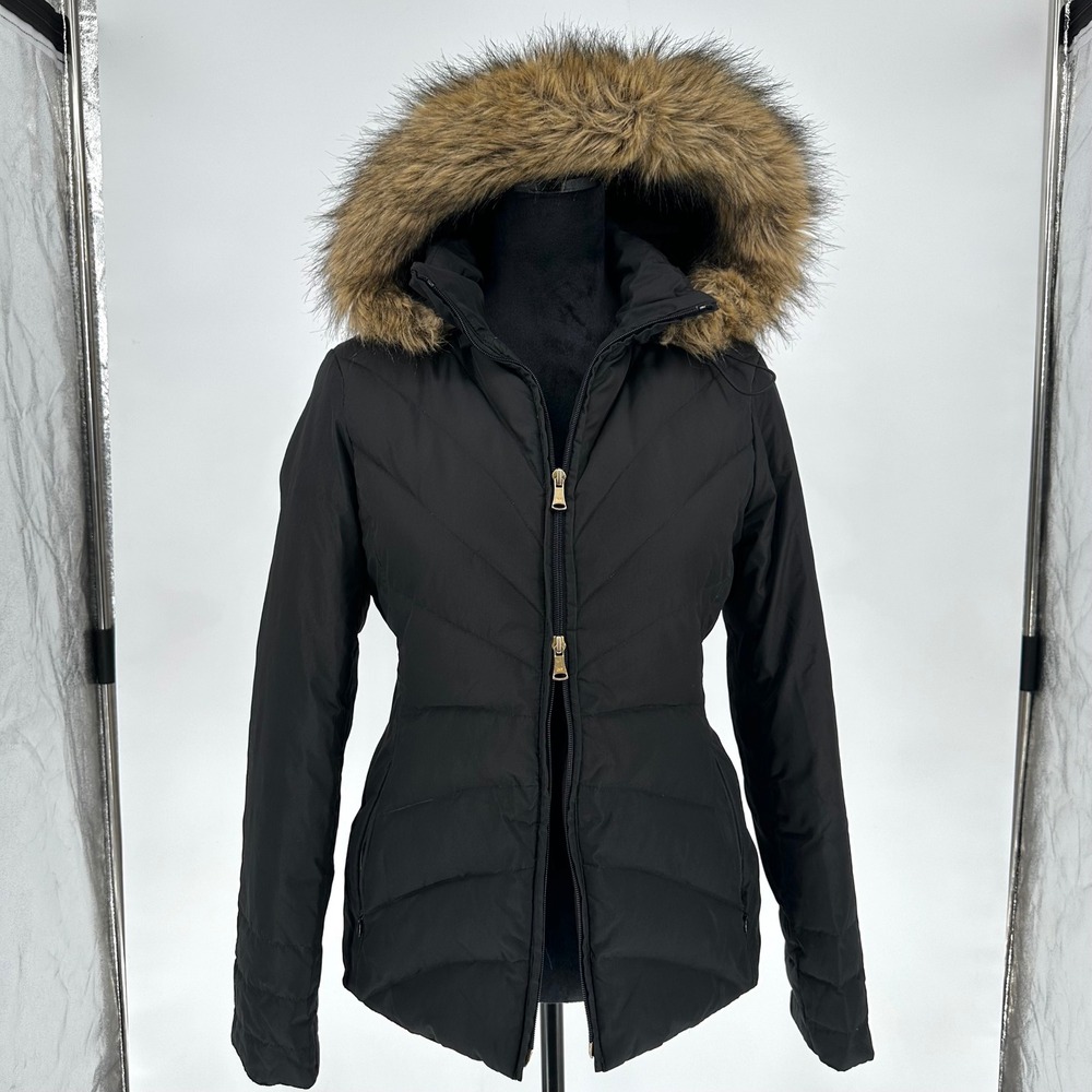 Jones New York Black Quilted Puffer Zip Jacket Faux Fur Trim Removable Hoodie S